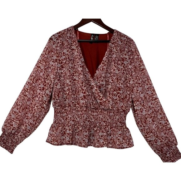 Fun & Flirt Tops - Fun & Flirt Floral Smocked Peplum Blouse XL V-Neck Long Sleeve Red & White